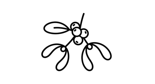 Simple black and white line drawing of a mistletoe branch with small round berries and several pairs of smooth leaves.