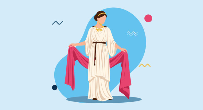 Faceless woman wearing a classic ancient Greek or Roman white dress with a brown belt and a pink shawl accessory.