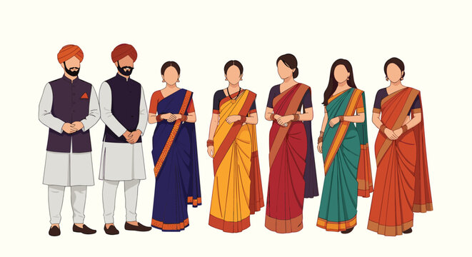 Group of men and women wearing elegant traditional Indian attire including sarees and kurtas with turbans.