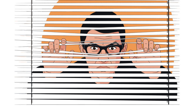 Suspicious man with glasses peeking through window blinds with a sunset background for a mystery or surveillance concept.