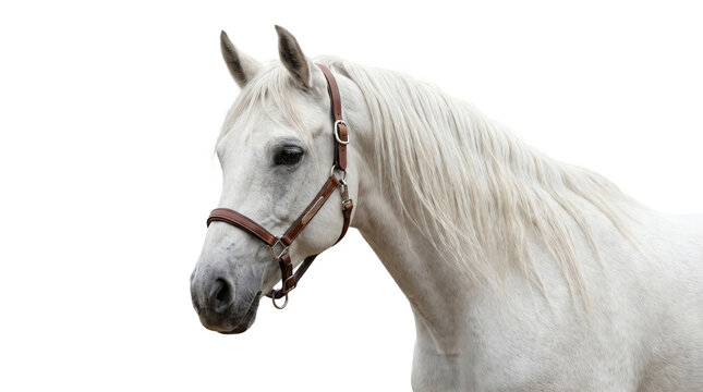Head portrait of white horse wearing leather halter isolated on transparent background high resolution photo png.