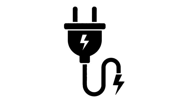 Minimal black silhouette icon, simple flat vector, bold black shape, no, no shading black electric plug with lightning bolt symbol on a, flat icon style