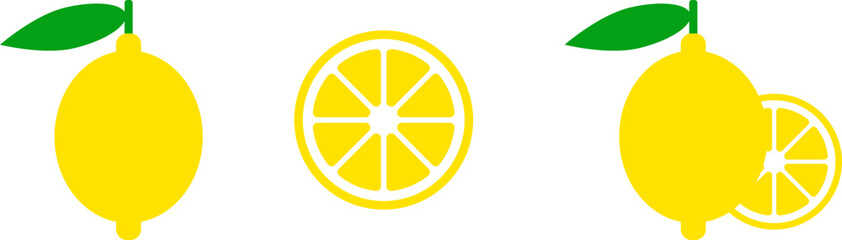 Obraz premium Yellow Lemon Icons Set with Whole Fruit and Sliced Cross Section for Food and Drink Design