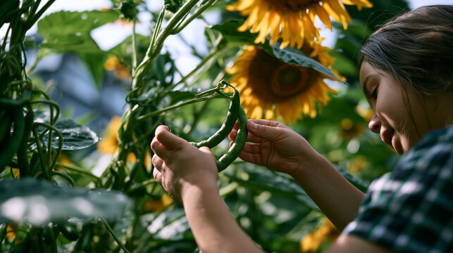 A child's eye view looking up at towering sunflowers and bean poles in a backyard urban garden, bright June sky beyond, small hands reaching toward a dangling green pod, perfect for hyperlocal ingre