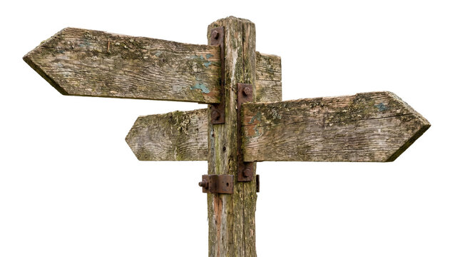Weathered wooden signpost with two directional arrows pointing opposite ways isolated on transparent background png.