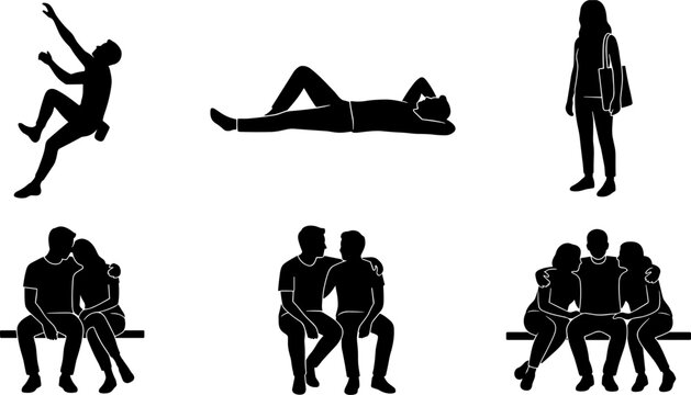 People silhouette collection featuring resting sitting walking and affectionate relationship poses isolated modern lifestyle vector illustration set