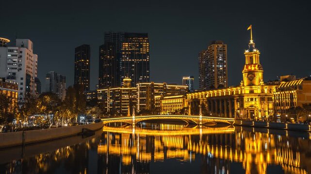 Night waterfront skyline along Suzhou Creek in Shanghai, China in Suzhou Creek, Shanghai, China