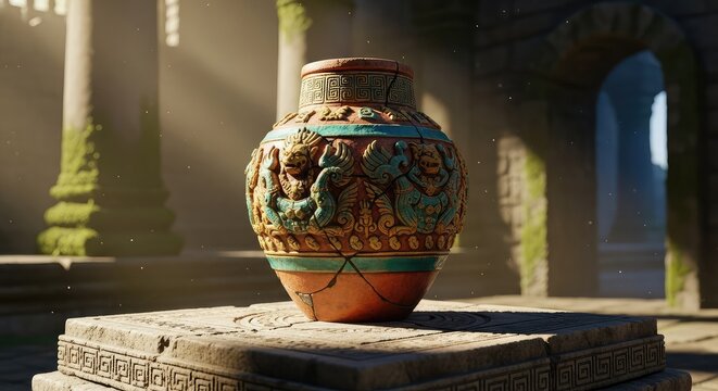Close-up shot of a weathered ceramic relic jar with intricate carvings resting on a stone altar inside a dimly lit ancient temple setting, detail, ancient, culture