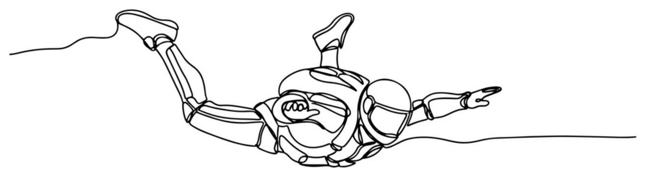 Single continuous line drawing of a professional skydiver falling through the air during a jump