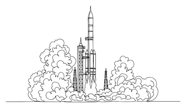 Continuous line drawing of a powerful space rocket launching into the sky with thick smoke clouds