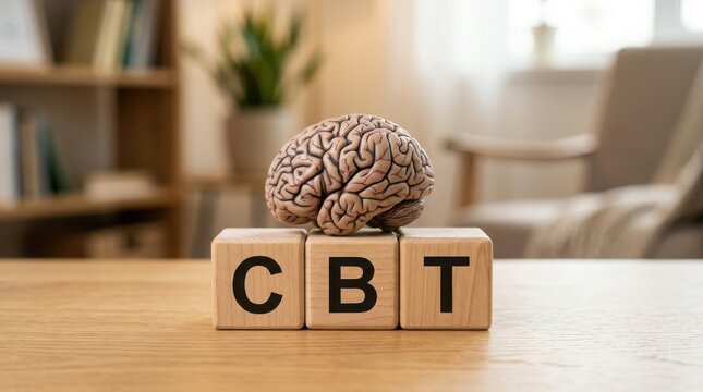 Cognitive behavioral therapy concept with brain model on wooden blocks