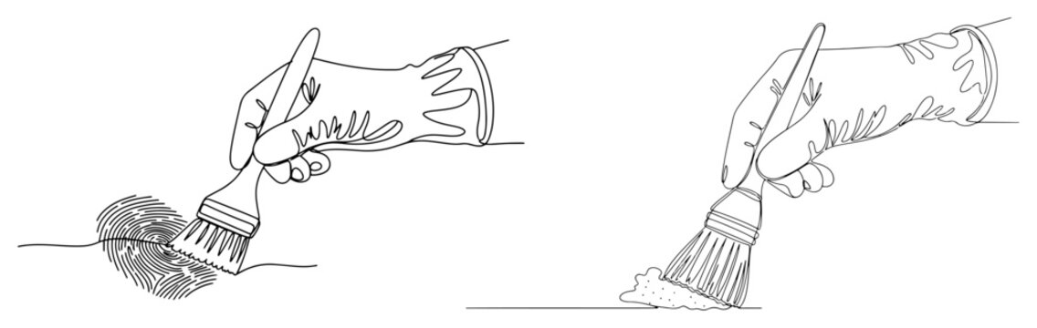 One line drawing of forensic investigator hands in gloves using brushes to find latent fingerprints at a crime scene