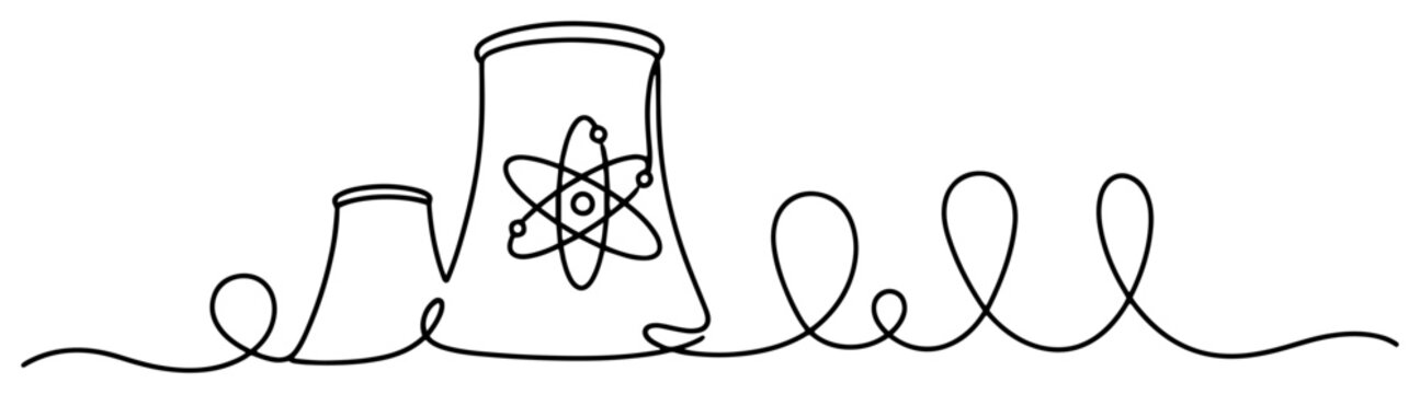 Continuous one line drawing of a nuclear power plant cooling tower with atom symbol