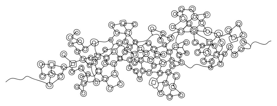 Abstract continuous line drawing of complex network connections and data nodes