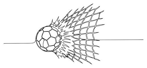 Continuous line drawing of a soccer ball hitting the back of the goal net © Alicja