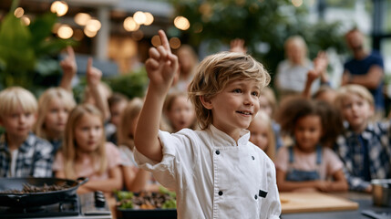Fototapeta premium A science museum interactive exhibit on insect protein where a crowd of school children in summer clothes watch a chef cook mealworm stir-fry on a demonstration stage, hands raised with questions, p