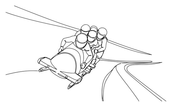 Single continuous line drawing of a four person bobsled team racing down an ice track