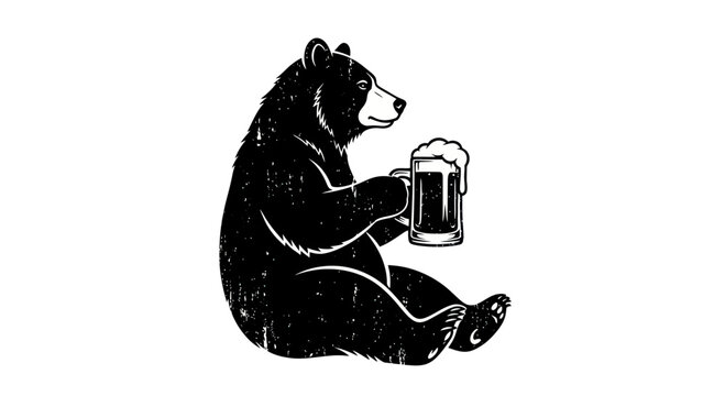 Black bear sitting and holding a beer mug.