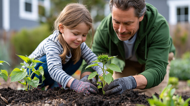 A stepfather and young stepdaughter planting sunflower seedlings together in a back garden, mismatched gardening gloves, comfortable silence between them, ideal for blended family, summer gardening,