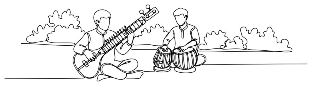 Continuous line drawing of two musicians playing traditional Indian sitar and tabla instruments in nature