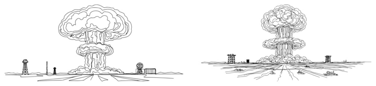 Continuous line drawing of huge nuclear mushroom clouds from atomic bomb explosions in a desert landscape