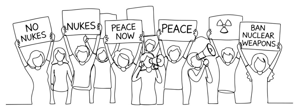 One line drawing of people protesting against nuclear weapons with peace signs and banners at a demonstration