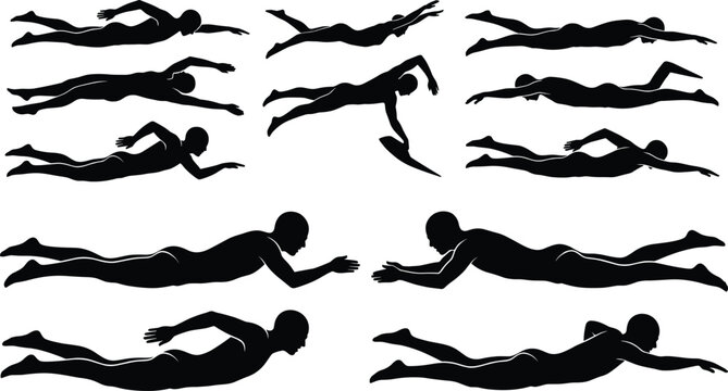 Swimming Silhouettes Collection Featuring Freestyle Strokes Diving and Aquatic Sports Training Poses Vector Illustration Set