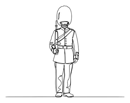One line art drawing of a British Royal Guard in traditional uniform with a bearskin hat