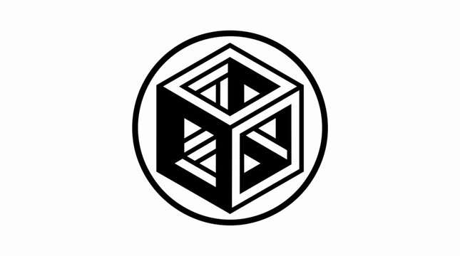 Black and white impossible cube graphic in a circular frame. Optical illusion geometric shape, abstract paradox art design element.