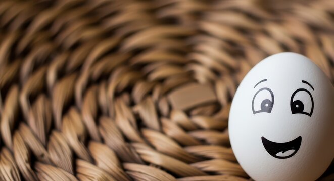 Smiling egg with drawn face on woven basket
