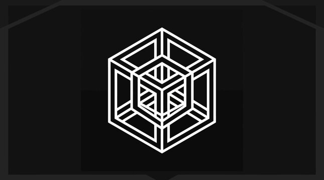 Abstract impossible cube geometric 3D outline illustration on dark background, minimalist optical illusion art, conceptual design.