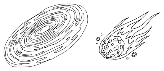 Continuous line drawing of a spiral galaxy and a burning comet in deep space © Alicja