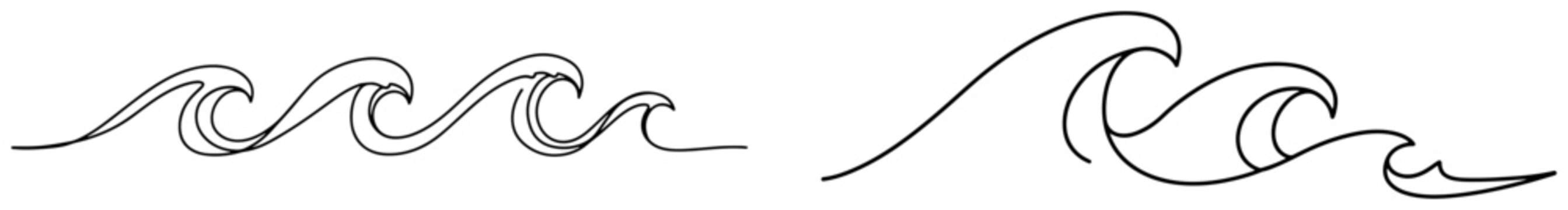 Minimalist one line drawing of ocean waves and sea surf ripples
