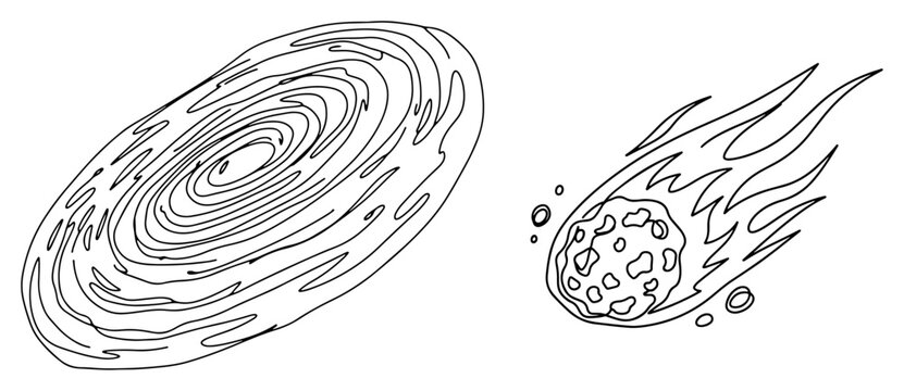 Continuous line drawing of a spiral galaxy and a burning comet in deep space