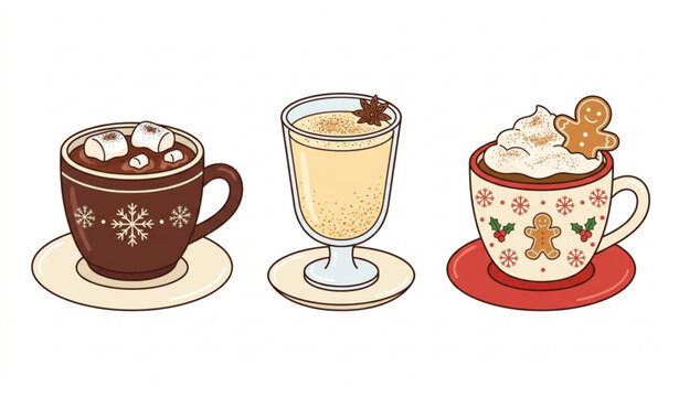 Cozy Winter Hot Chocolate and Holiday Eggnog Mug Vector Icon Set