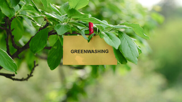 A yellow note with the word Greenwashing on it clipped to a green tree branch, representing a deceptive environmental marketing concept.
