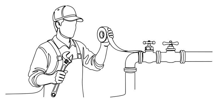 One line art of a professional plumber with a wrench and sealing tape fixing water pipes
