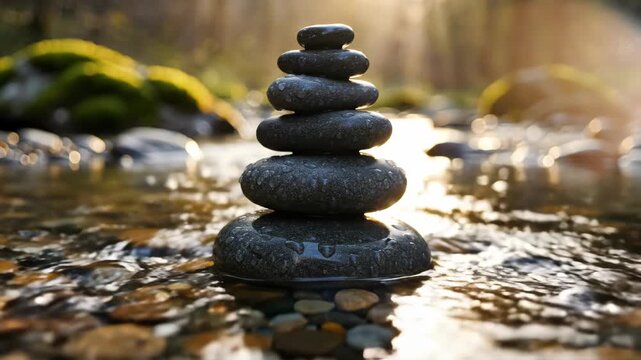 Tranquil Scene of Balanced Rocks in a Gentle River Flow.