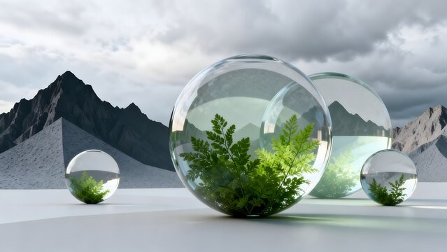 Glass spheres with plants against mountain backdrop