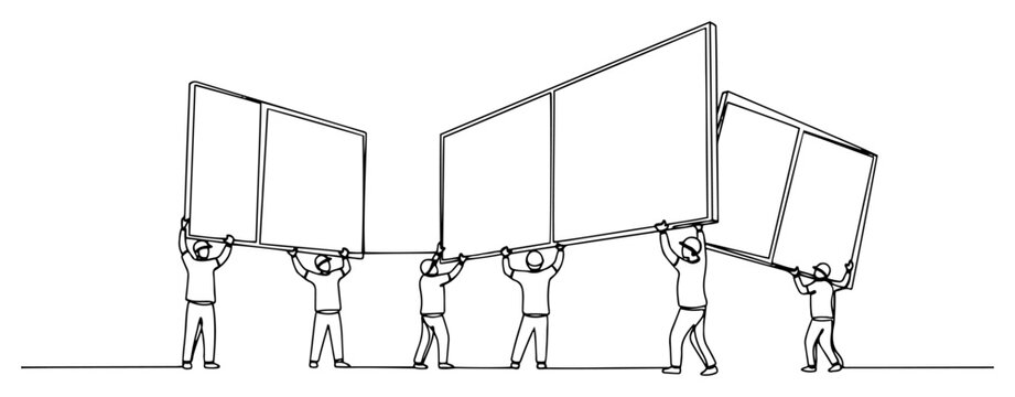 Continuous line drawing of a group of workers carrying large glass window frames during a renovation