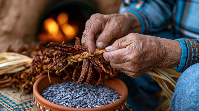 Close-up of elderly Indigenous hands weaving dried chili peppers and corn husks into a traditional ristra beside a clay horno oven, warm afternoon light on brown adobe, a bowl of heritage beans besi