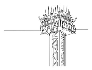 Continuous line drawing of excited people on a free fall tower ride at an amusement park © Alicja