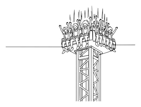 Continuous line drawing of excited people on a free fall tower ride at an amusement park