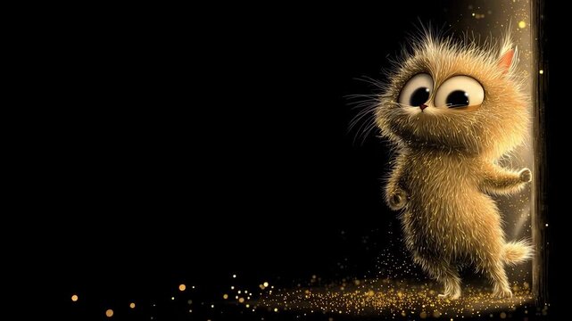 A cute cartoon cat with big eyes standing on a glittery floor with a black background