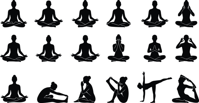 Yoga and Meditation Silhouette Collection Featuring Relaxation Stretching and Mindfulness Exercise Poses for Wellness Vector Design