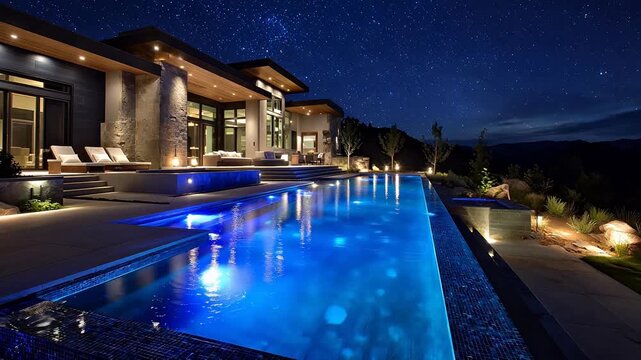 Modern luxury villa with illuminated infinity pool under starry night sky