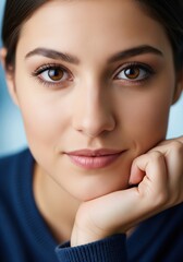 Fototapeta premium Close Up Portrait Of A Beautiful Young Woman Resting Her Chin On Her Hand