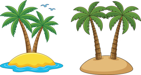 Obraz premium Cartoon Tropical Island with Palm Trees and Ocean Waves Vector Illustration for Summer Vacation and Travel ThemesCartoon Tropical Island with Palm Trees and Ocean Waves Vector Illustration 