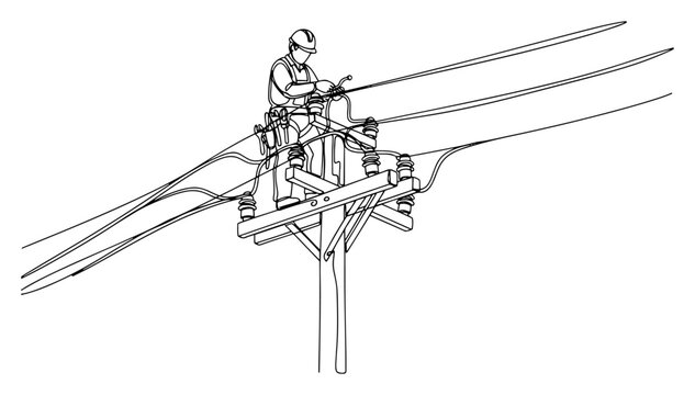 Continuous line drawing of a utility lineman worker repairing electrical wires on a high power pole