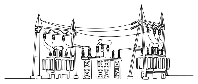 Continuous line drawing of an electrical substation with high voltage power towers and transformers